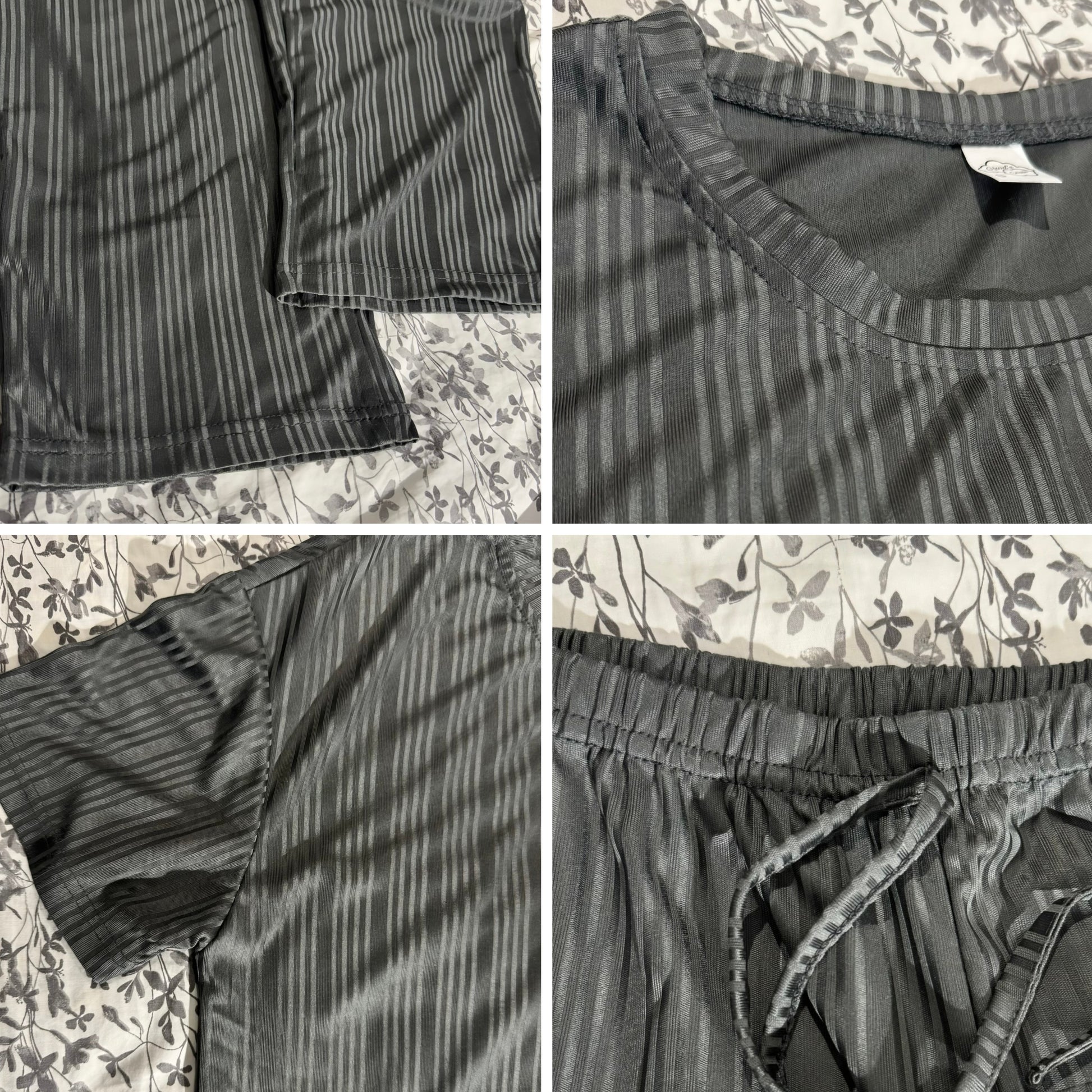 Close-up collage of Serene Night pajama set – ribbed texture, elastic waistband, and neckline stitching.
