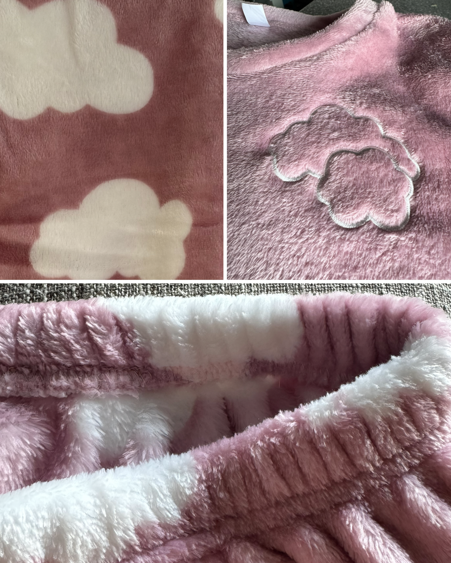 Close-up of Touch of Heaven pajama pants with fluffy cloud print and elastic waistband.