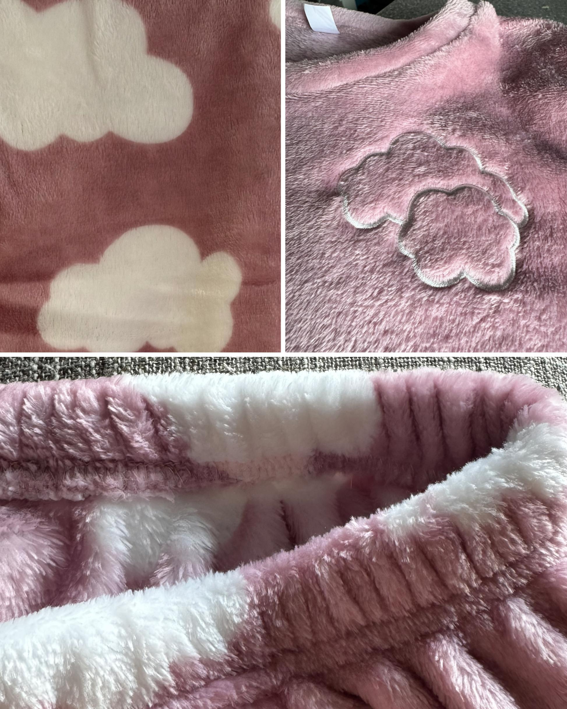 Close-up of Touch of Heaven pajama pants with fluffy cloud print and elastic waistband.