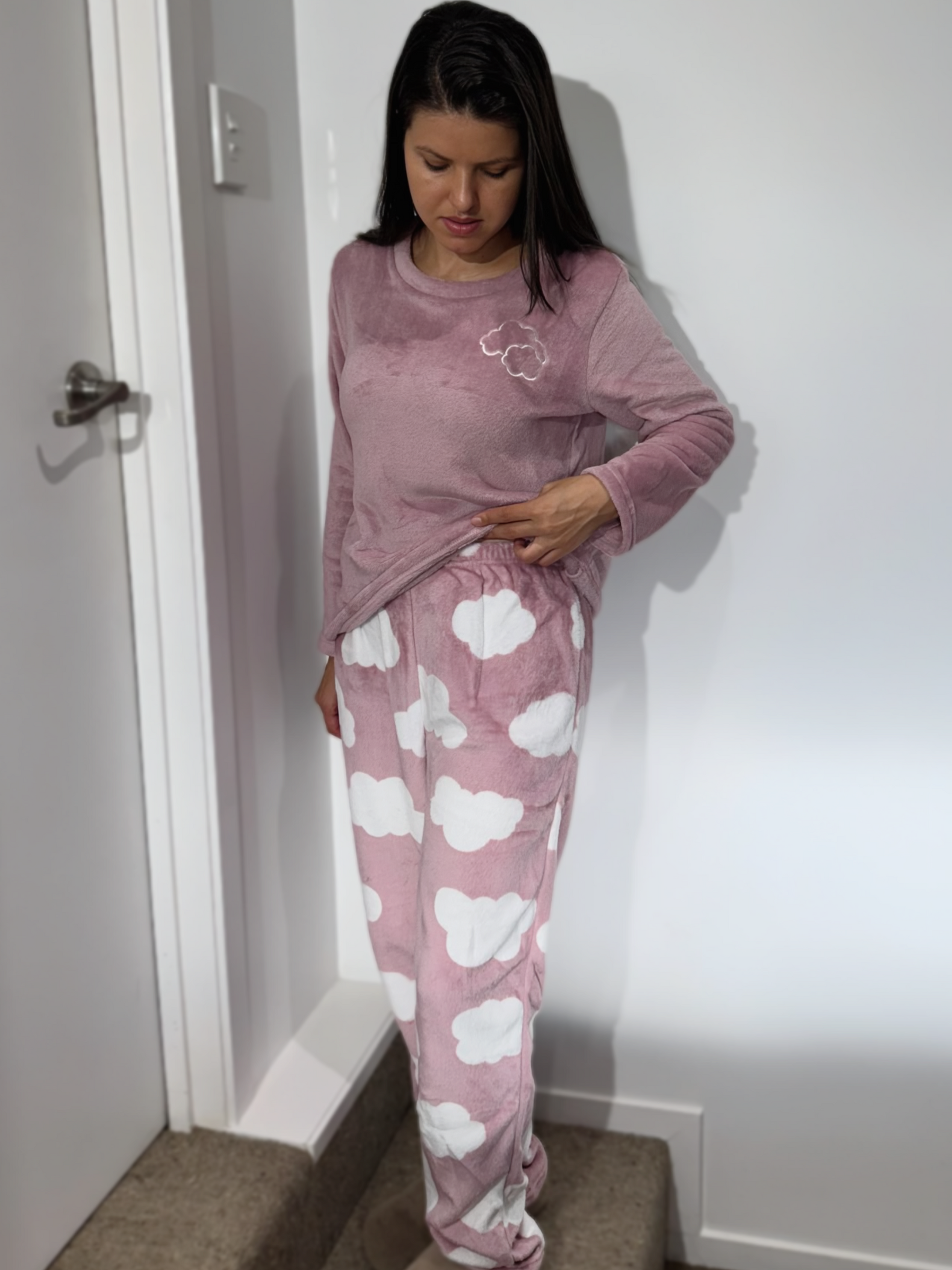 Front view of model wearing the Touch of Heaven sleepwear set – cozy and cute with cloud-patterned pants.