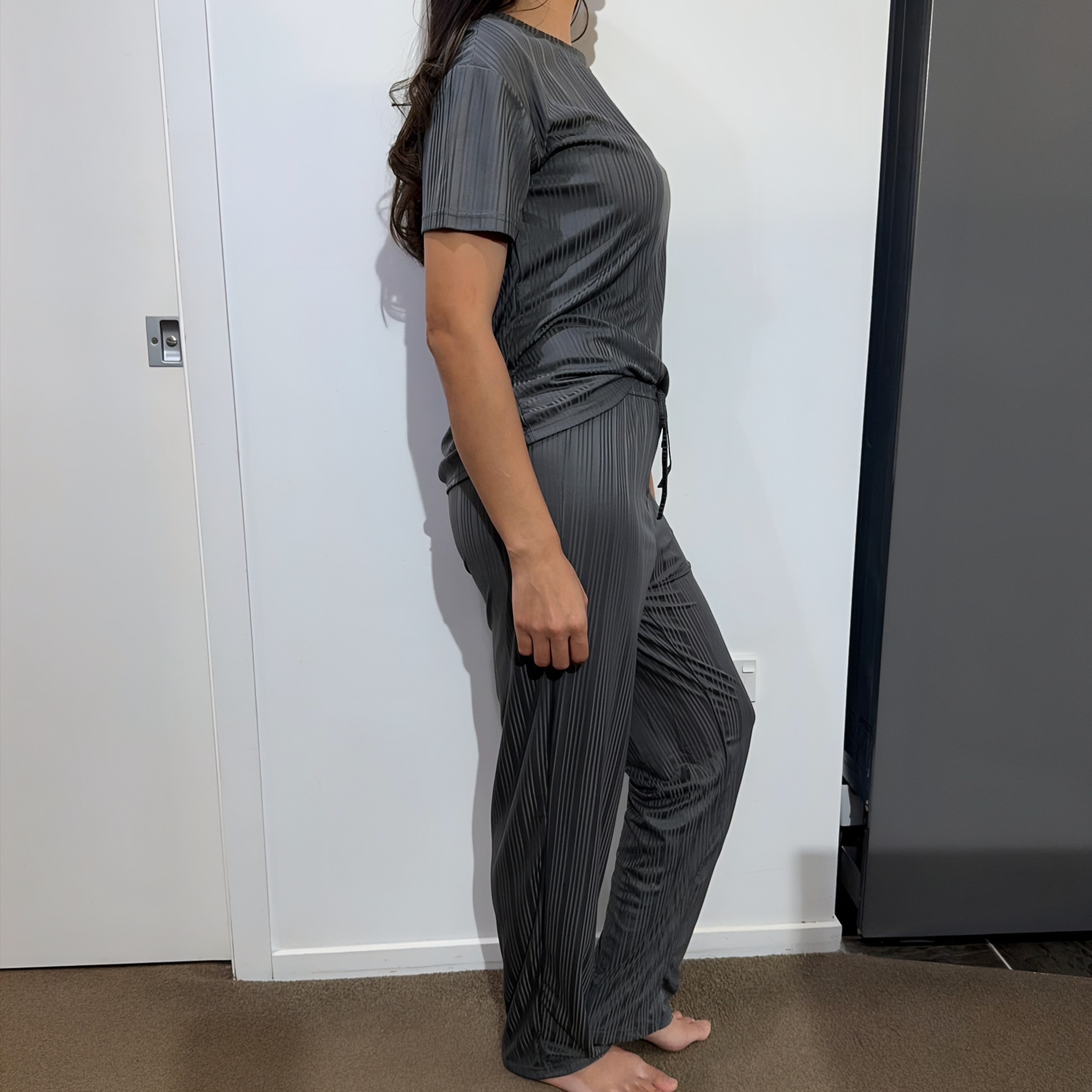 Side view of model showcasing the Serene Night pajama set – lightweight and breathable for restful nights.